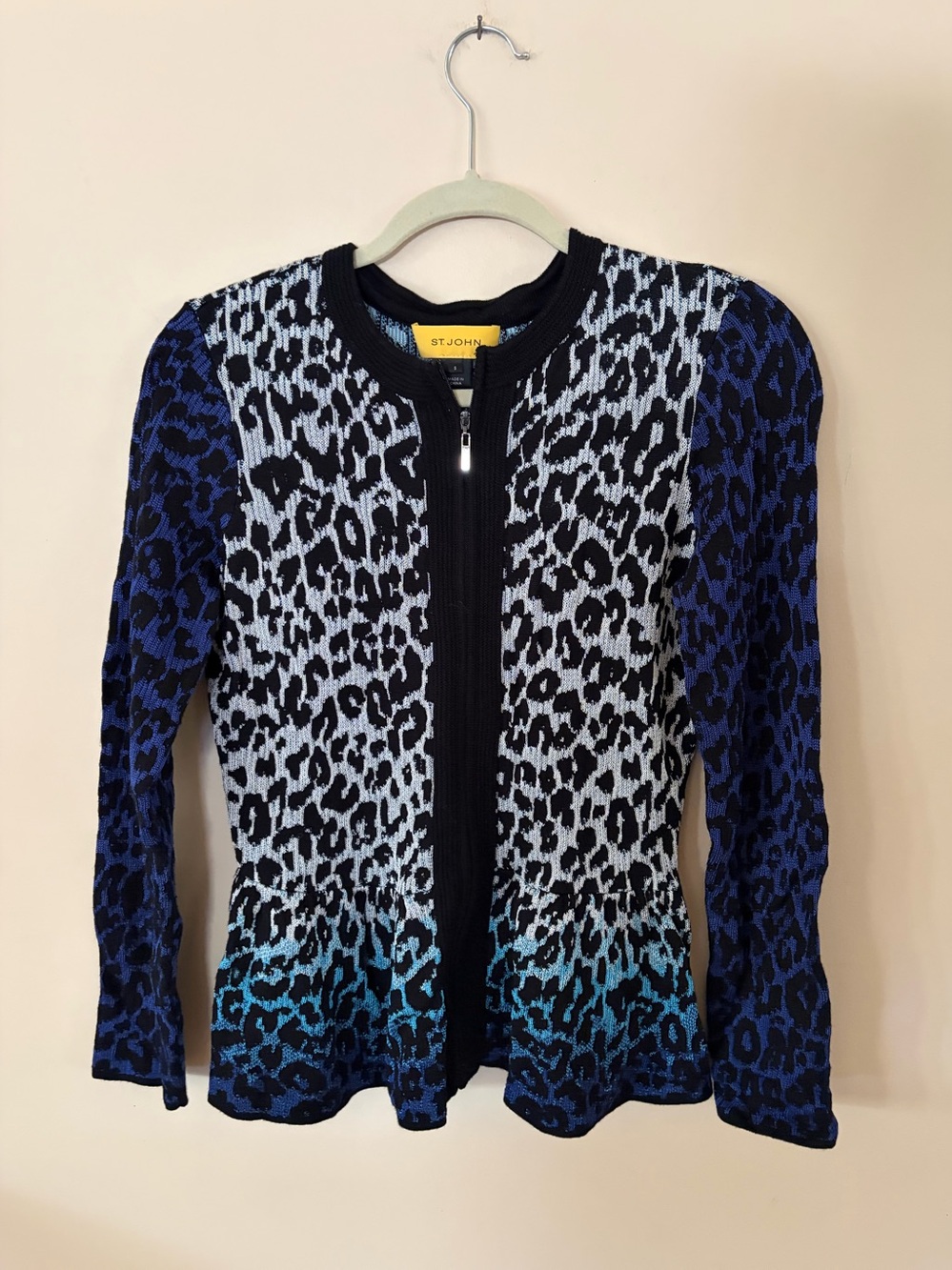 St. John Blue and Black Leopard-Print Zip Peplum Cardigan